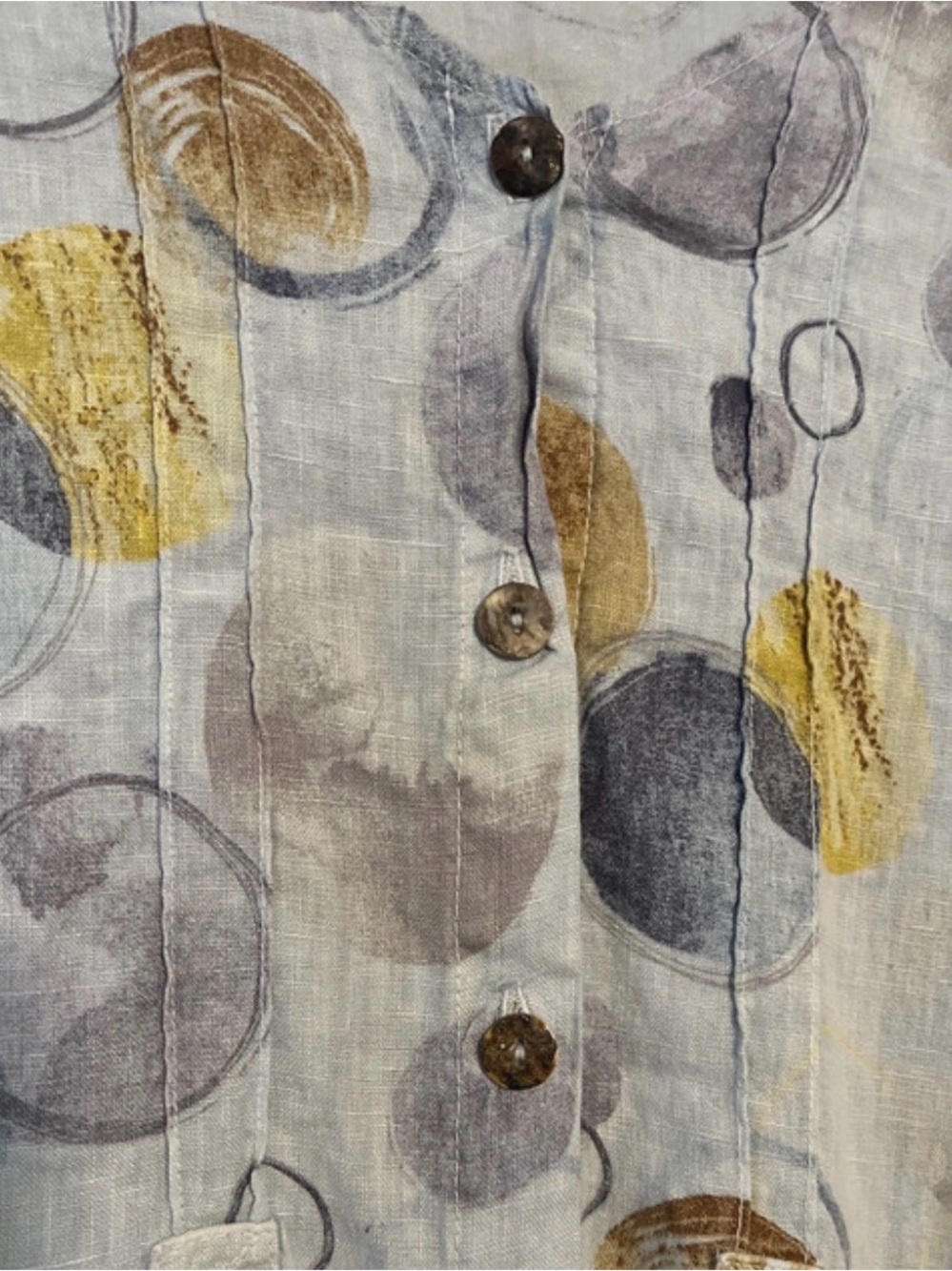 Women's Button-Front Linen Tunic dress/shirt in Light Blue with Mustard print - Picture 3 of 3